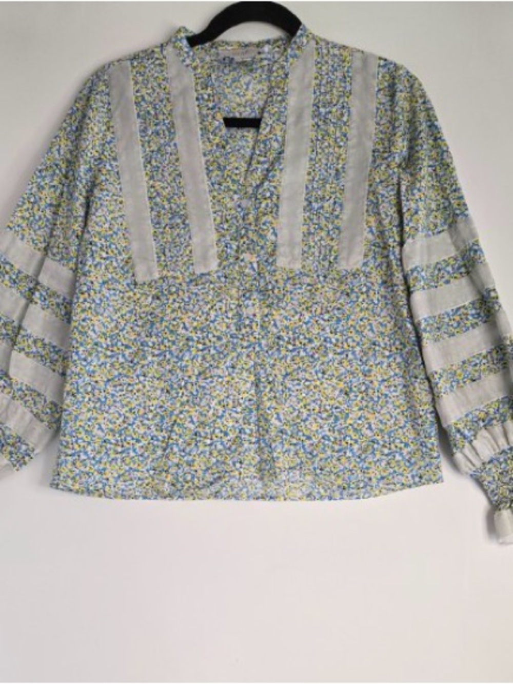 The Shirt by Rochelle Behrens Blue, Yellow, and Cream Floral V-Neck Blouse
